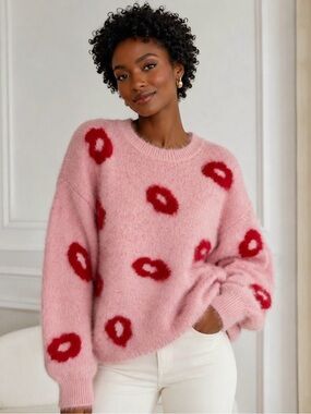 Grace + Karma Valentine's Collection Be Love Lips Eyelash Sweater - Pink/Red, 1X